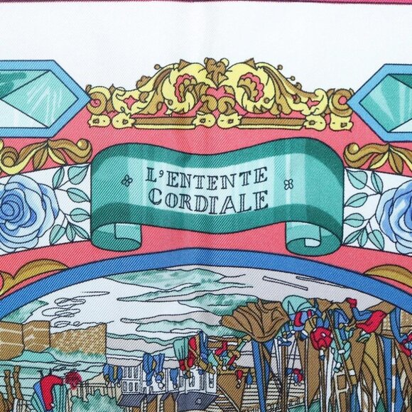 HERMES Carre 90 Scarf ""LENTENTE CORDIALE"" Silk Red White Auth - Picture 9 of 16